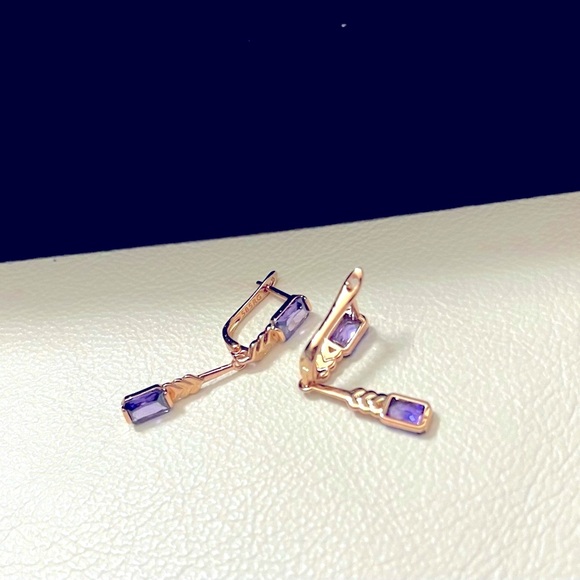 Rose Gold Purple Zircon Long Drop Earrings - Picture 3 of 3
